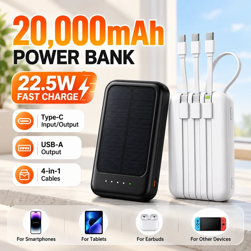 20000mAh Solar Power Bank With 4 Built-in Cables, Mini Portable Charger For iPhone 16, Samsung, Huawei, Xiaomi Battery Pack
