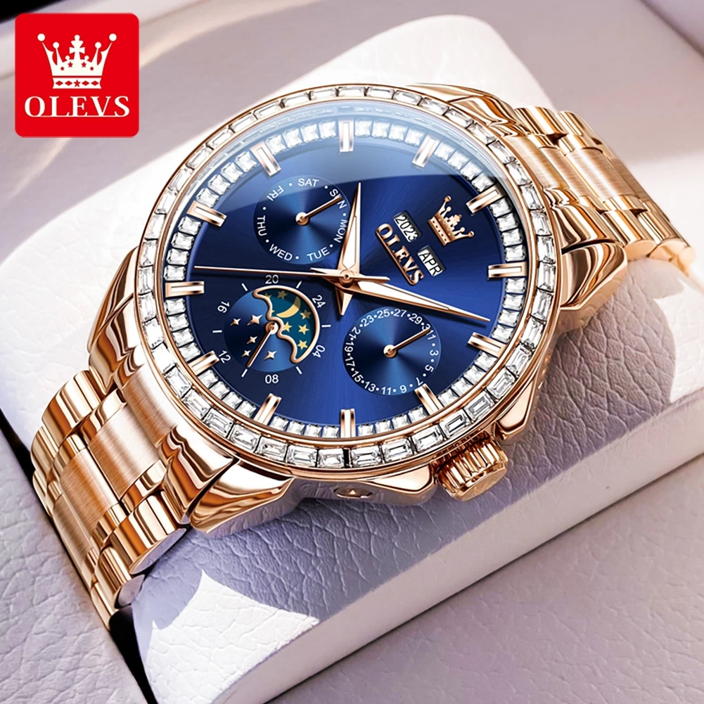 

OLEVS Fully Automatic Mechanical Watch for Men Multi-function Moon Phase Waterproof Elegant Rose Gold Wristwatches 2024 NEW