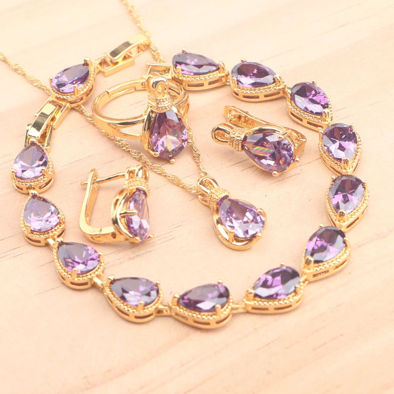 

925 Silver Purple Zircon Jewelry Sets For Women Gold Color Bridal Wedding Earrings Stones Bracelets Necklace Rings Set