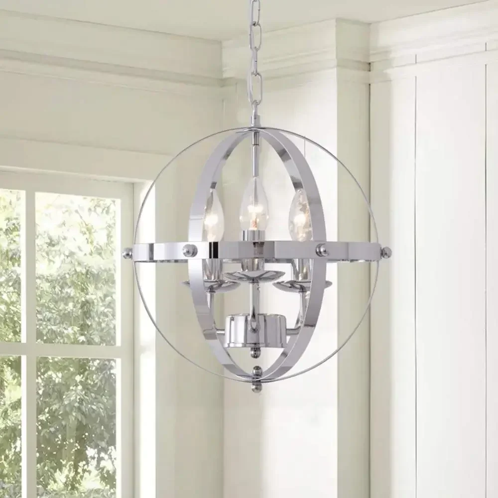 

Light Creative Pendant Indoor Metal Round Vintage Hanging Lamp Retro Chandelier Spherical Chain Fixture Chrome-C