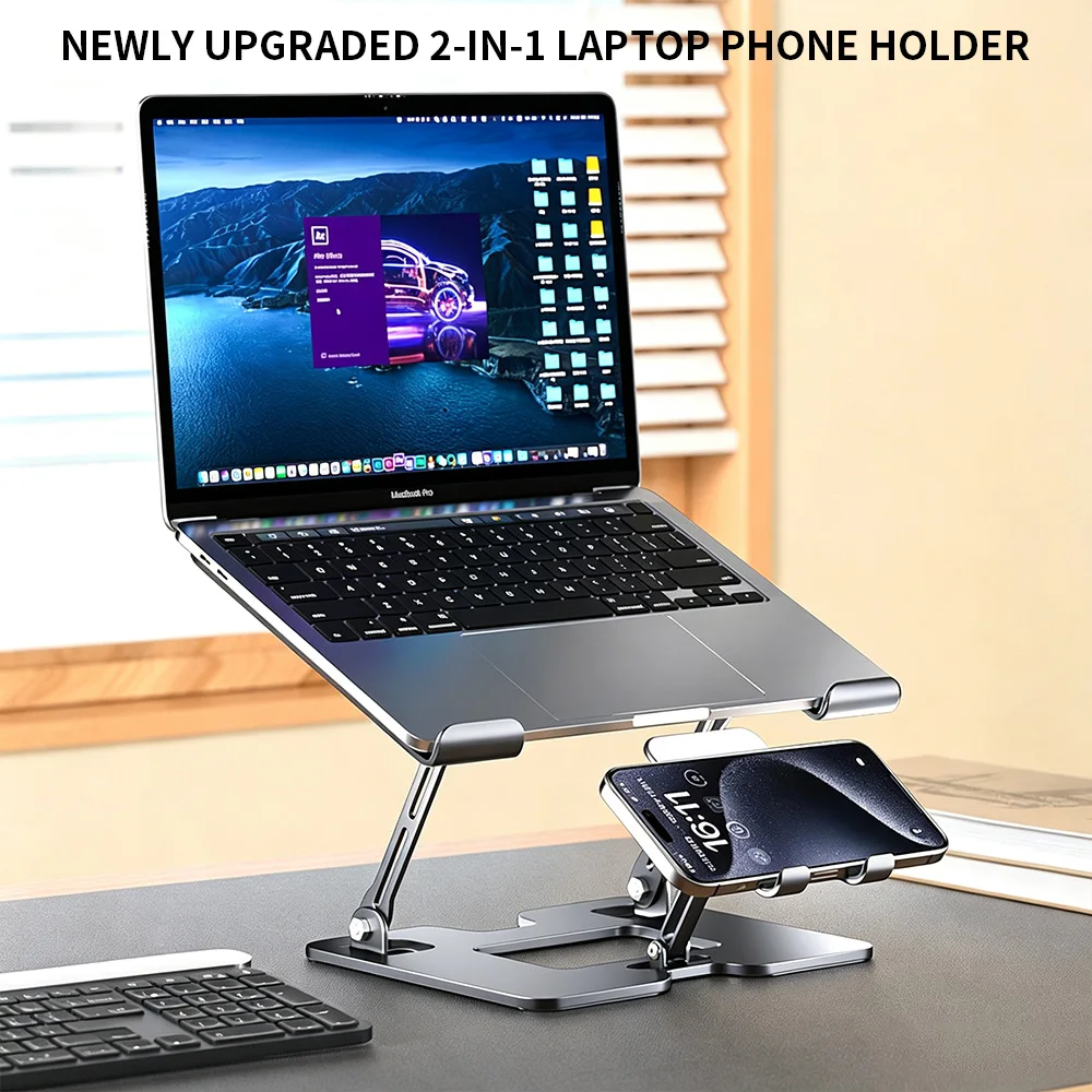 2 In 1 Cooling Laptop Tablet Phone Stand Solid Carbon Steel Heavy Load Support Desktop Holder for Office Travel Outdoor Video Pl
