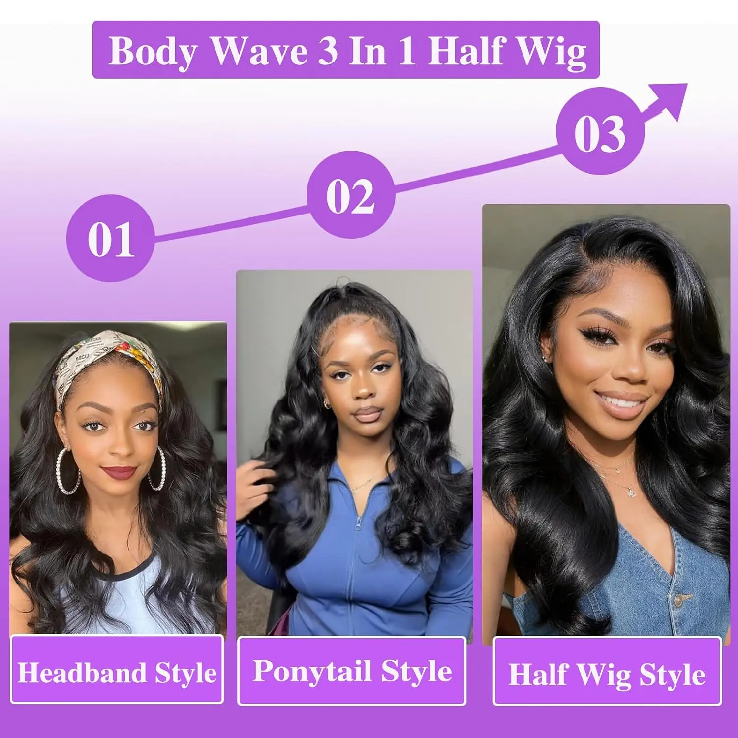 Body Wave Half Wigs Machine Human Hair 200% Density 3In1 Wear and Go  Wig Human Hair Seamless Half Wigs Human Hair Flip Over Wig Drawstring Headband Wig Human Hair Beginner Friendly 28inch