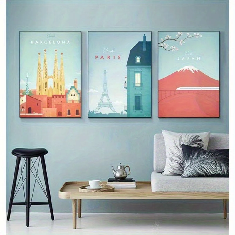 Pósteres de lienzo sin marco de 3 piezas, lindos estampados de paisajes urbanos de dibujos animados de París, Barcelona, Japón, decoración del hogar de moda, adecuada