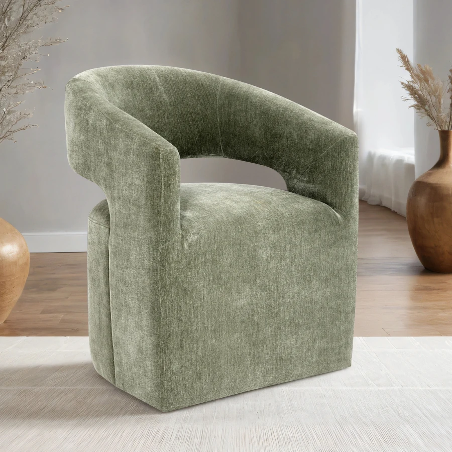 Contemporary Style 1pc Arm Chair With Caster Barrel Back Design Neutral Textured Fabric Green Finish Primary Living Room For Li