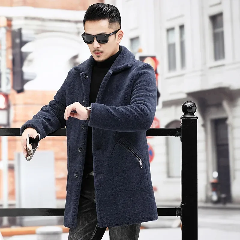 

Male Autumn Winter One-piece Casual Slim Sheep Shearling Fur Men Button Up Long Sleeve Blue Wool Coat Plus Size 4xl 5xl