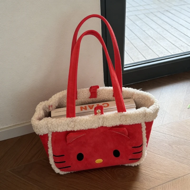 

Red Kitty embroidered short fur commuter handbag Travel Shopping Bag Women Girl Tote Bag fashion cute handbag Girls shoulder bag