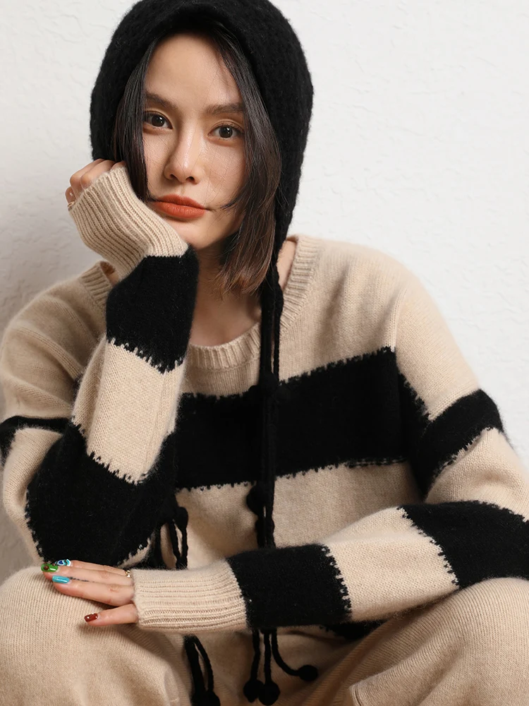 TLOML جديد المرأة 100% سترة الكشمير المعنقة مخطط س الرقبة البلوز الخريف الشتاء سميكة لينة الدافئة الكشمير تريكو جودة عالية