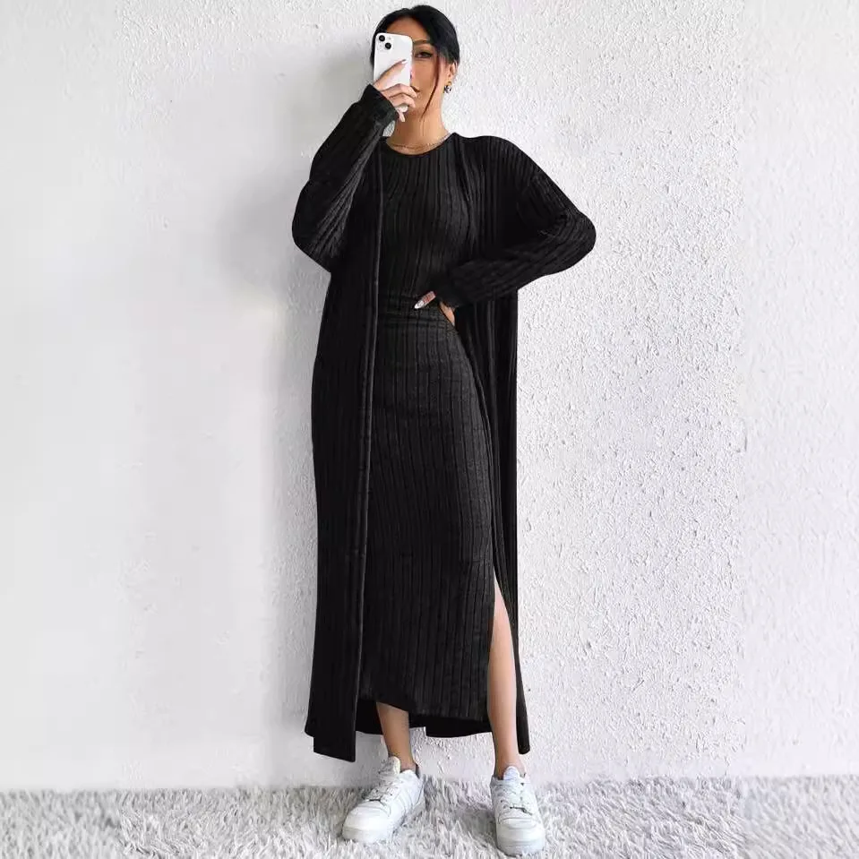 

Женский осенний вязаный кардиган, комплект платья без рукавов, однотонное модное пальто макси, элегантное модное платье, комплект из 2 предметов, наряды