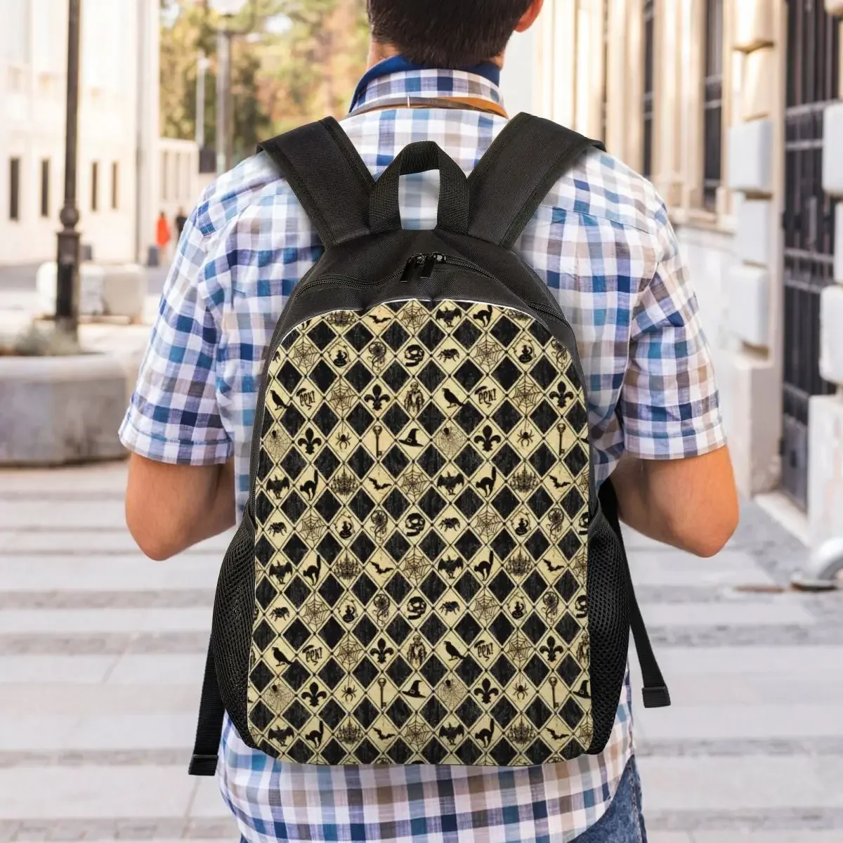 Custom Halloween Icons In Distressed Diamonds Backpacks for Women Men College School Students Bookbag Fits 15 Inch Laptop Bags