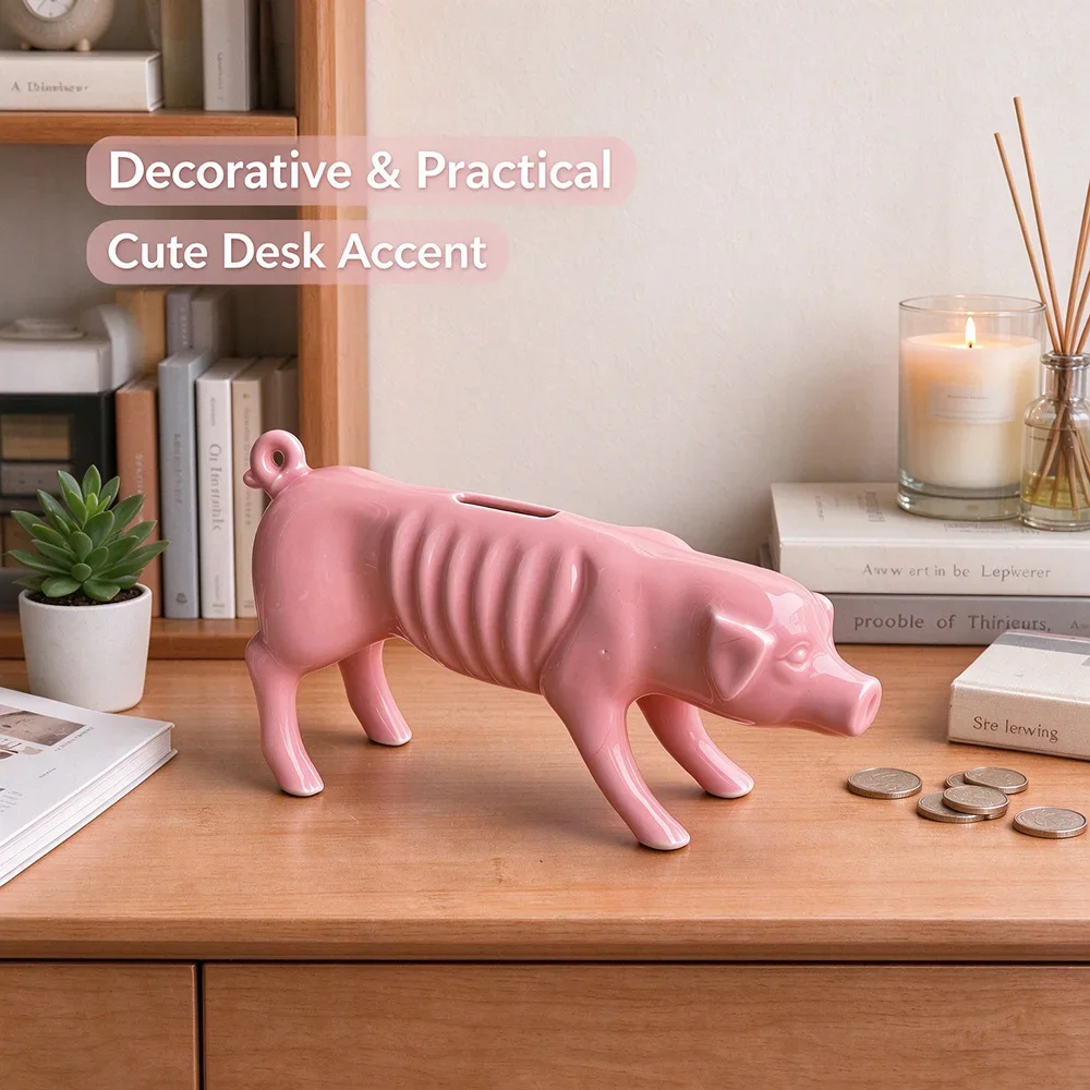 Funny Ceramic Piggy Bank Slim Pink Pig Pork Rib Style Coin Holder Creative Coin Storage Box Interesting Gift Choice for Friends
