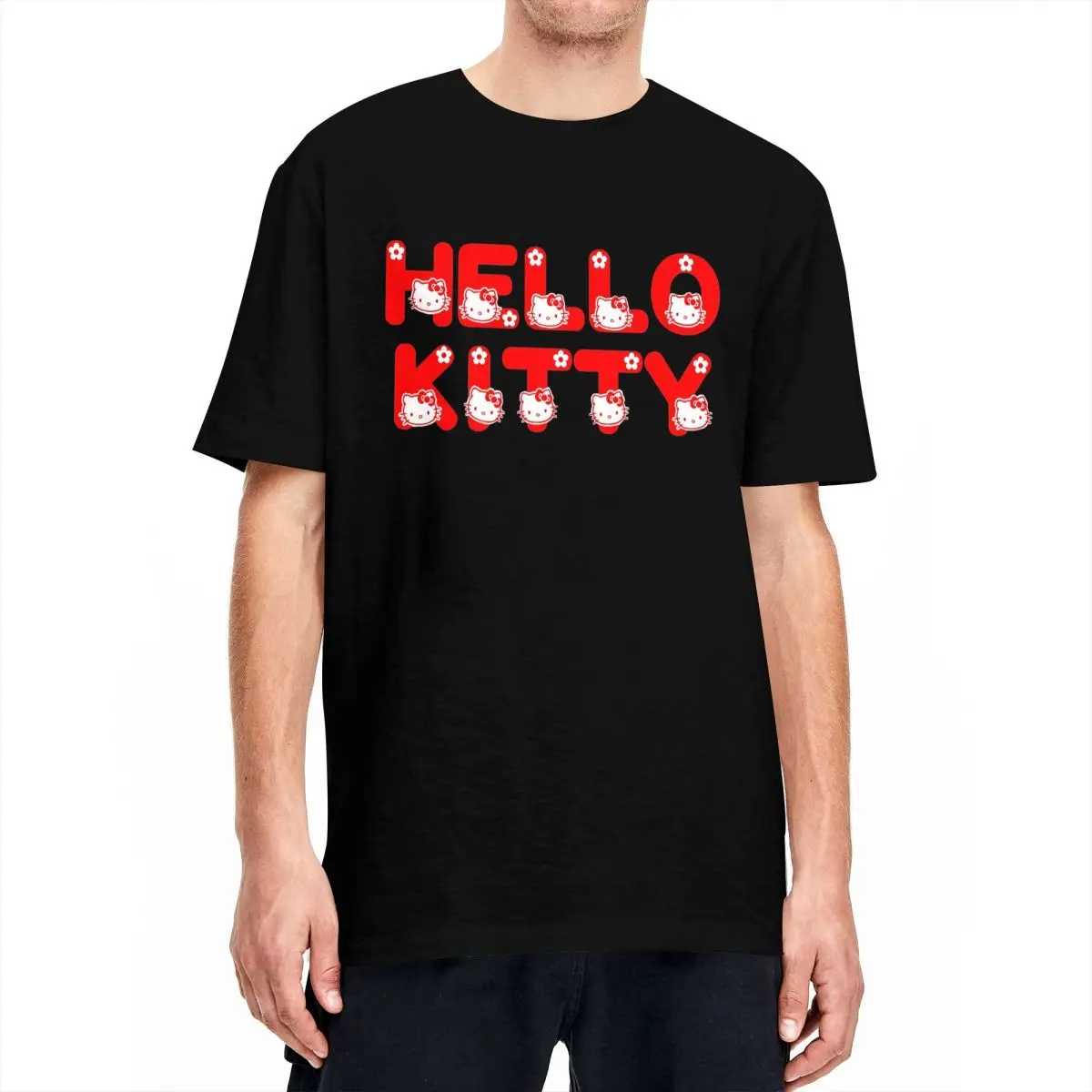 Men Japanese Sanrio Hello Kitty T-Shirts Cute Cartoon Cat Cotton Tees Summer Short Sleeve T-Shirt Crew Neck Leisure Tee Shirt