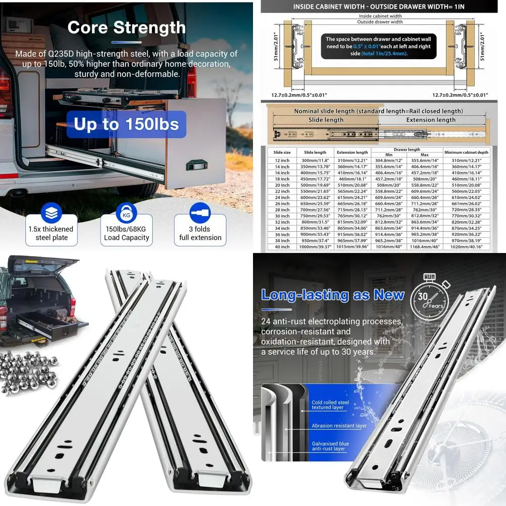 

Усиленные направляющие для выдвижных ящиков, полный выдвижной ход, боковое крепление, 14-40 дюймов, нагрузка до 100 фунтов, металлические направляющие для шкафов, 1 пара (36 дюймов)