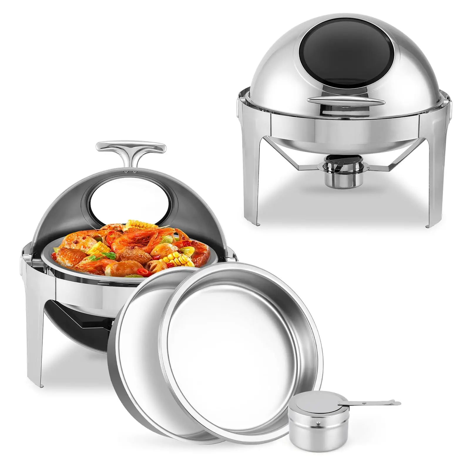 

6.8 Qt Round Roll Top Chafing Dish Buffet Set, Stainless Steel Food Warmer with Visible Lid, Fuel Holder and Water Pan
