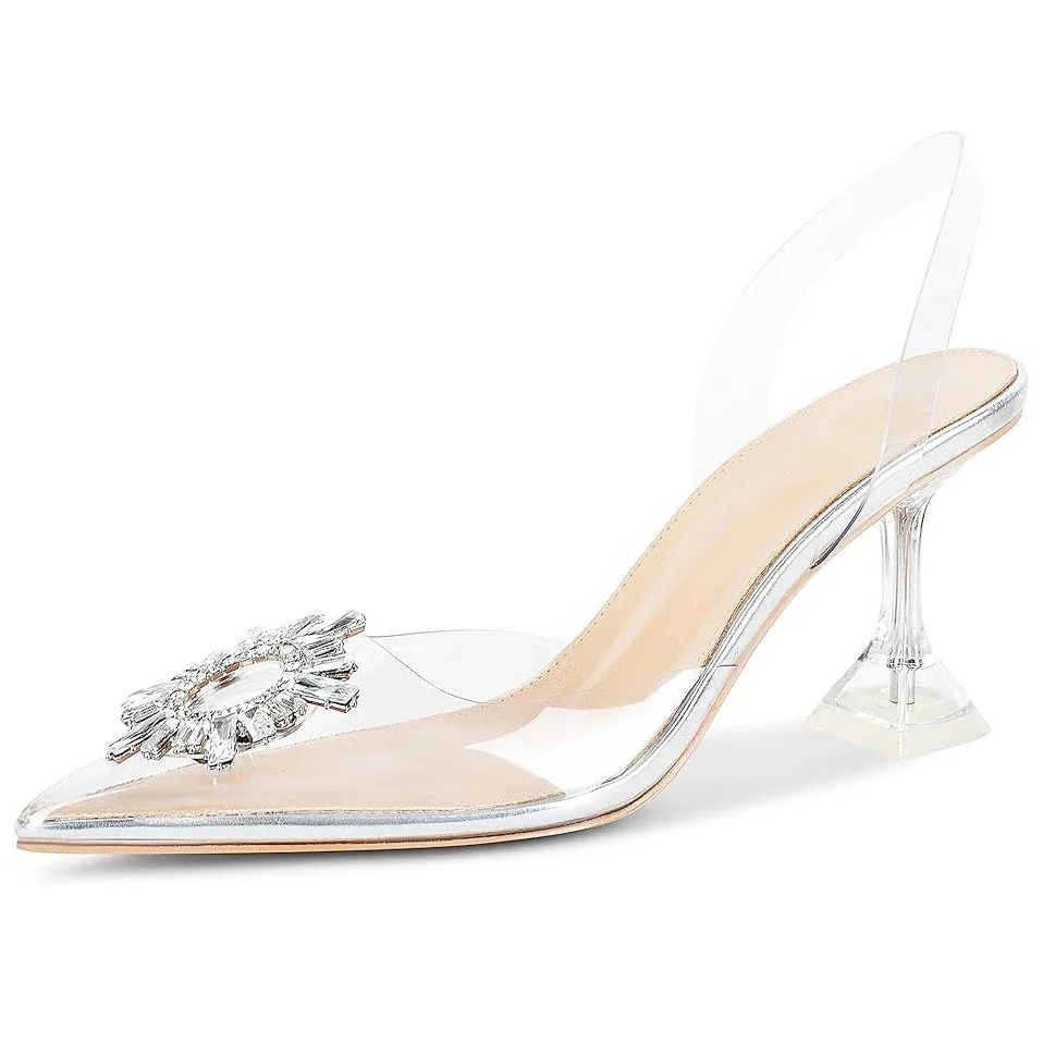 

Lovirs Pointed Toe PVC Slingbacks High Heels with Shiny Diamonds Open Back Women's Elegant Party Shoes