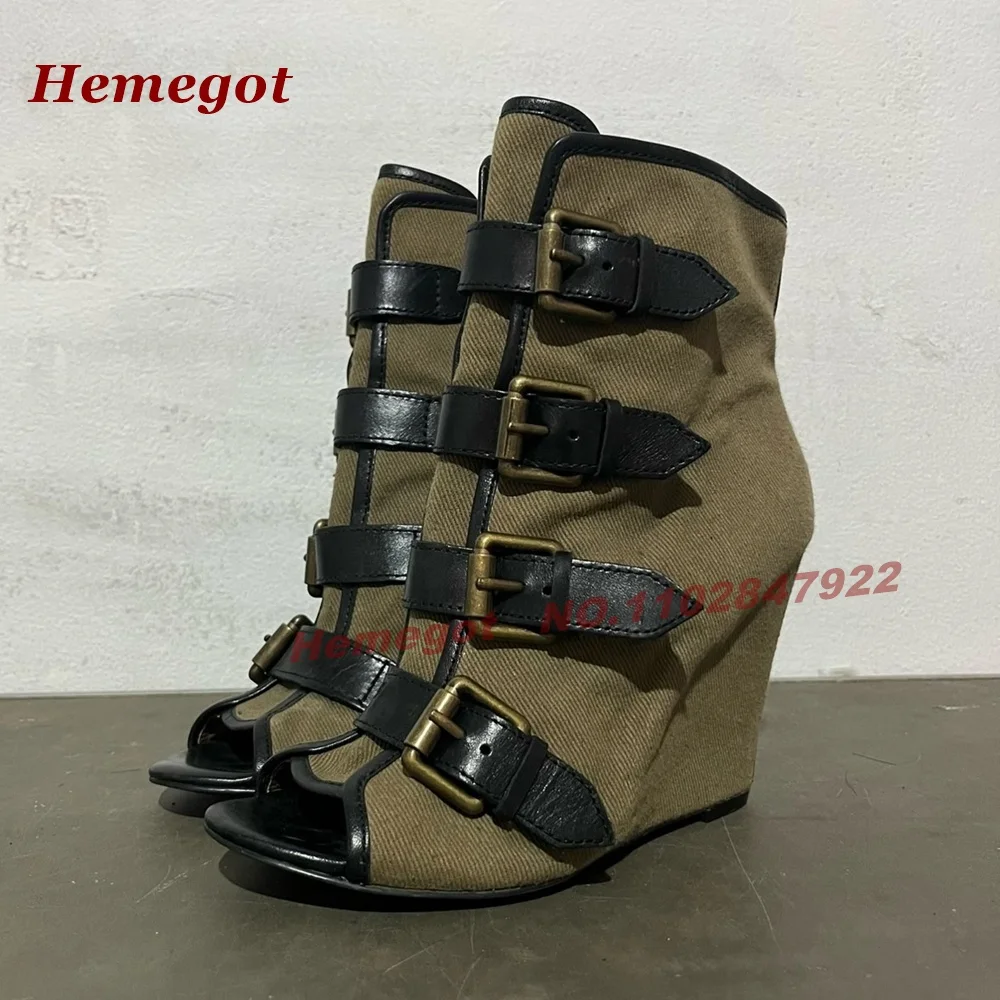 Peep Toe Wedge Ankle Boots Multiple Buckle Strap Booties Retro Side Zipper Patchwork High Heels Women's Booties Winter Casual