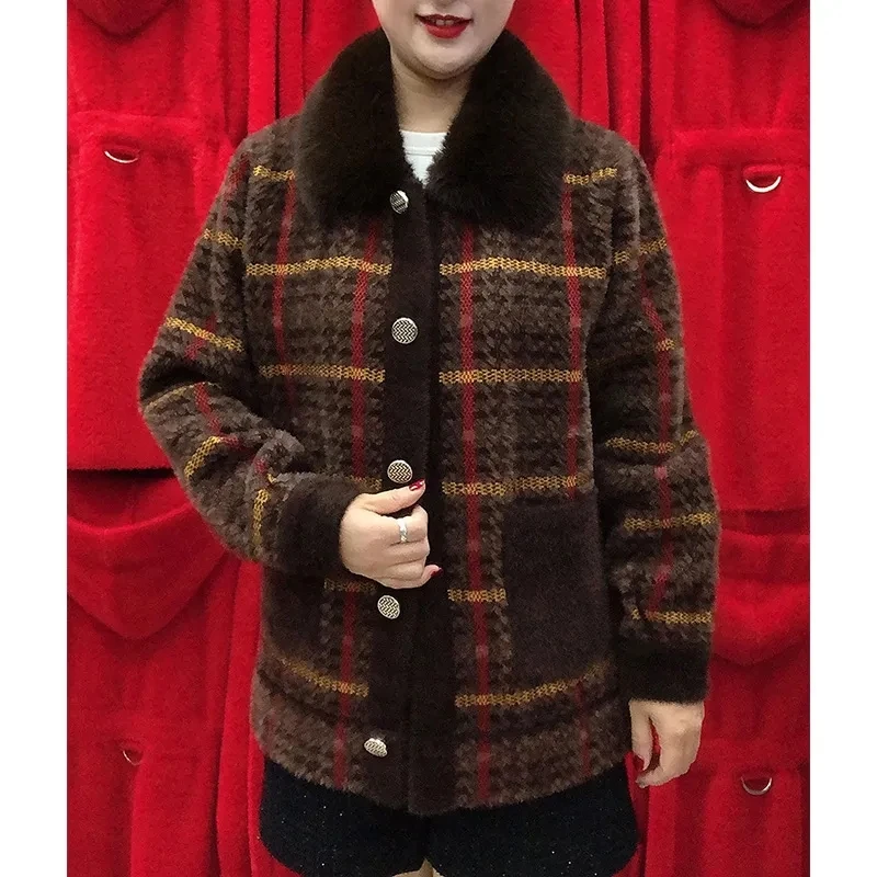 High Quality Mother\'s Winter Thicken Imitation Mink Cashmere Coat Middle Aged Women Short Knitted Cardigan Plaid Woolen Jacket