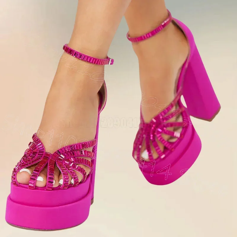 

Rose Red Crystal Hollow Design Platform Sandals Buckle Strap Women Shoes Chunky High Heels Party Dating 2024 Zapatos Para Mujere