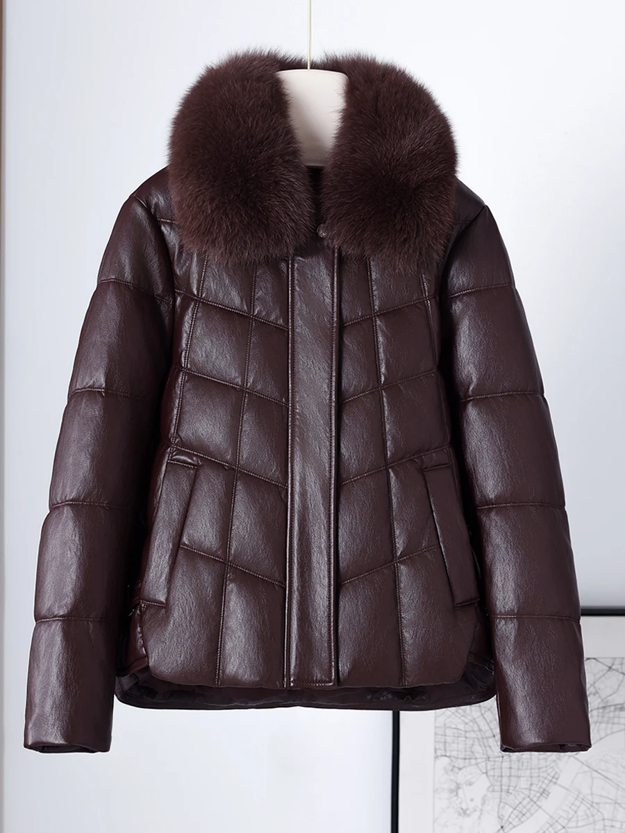 

Winter 2025 Women's ort Thiened Leather Puffer Coat Fur Collar Warm Casual Sle eepskin Leather Slimming Jaet