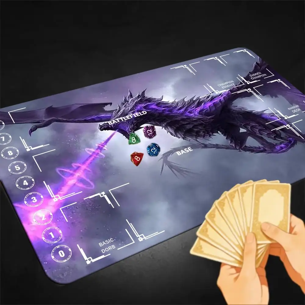 Dark Purple Shadow Dragon Breath Beam TCG Playmat With Zones, Misty Cloud Fantasy Trading Card Game Mat Non-Slip Rubber