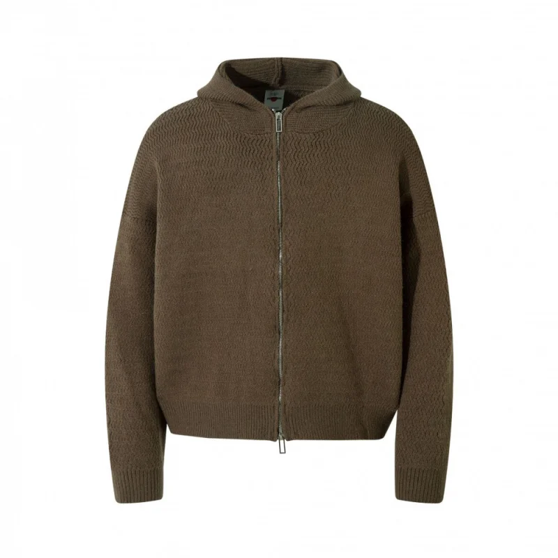 Men's Gray Textured Knit Zip-Up Hooded Cardigan, 2025 Autumn Trend Casual Layering Knitted Outerwear