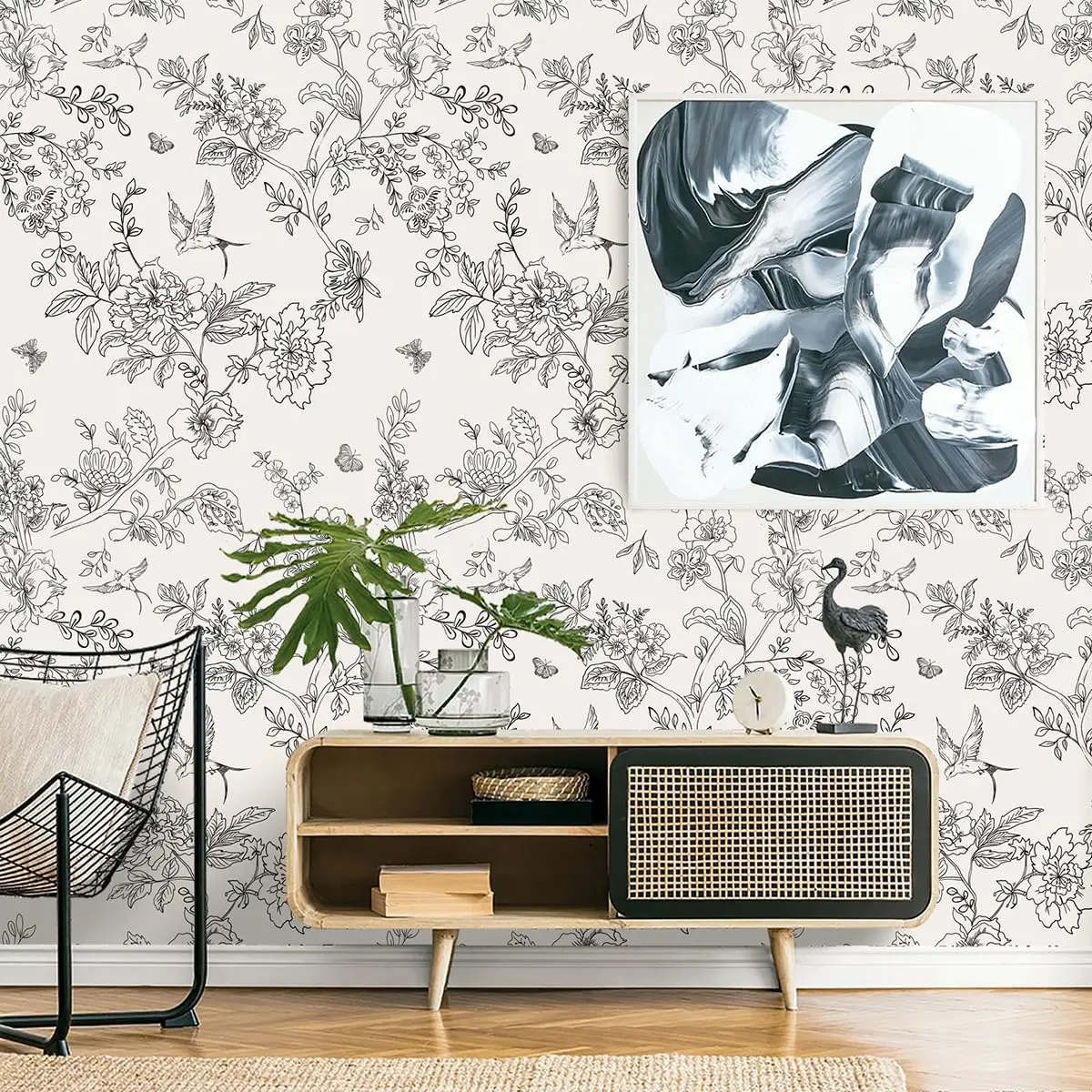 Grey Floral Birds Wallpaper Peel And Stick Leaves Contact Paper Removable Self Adhesive Wallpaper For Cabinets Walls Decorative