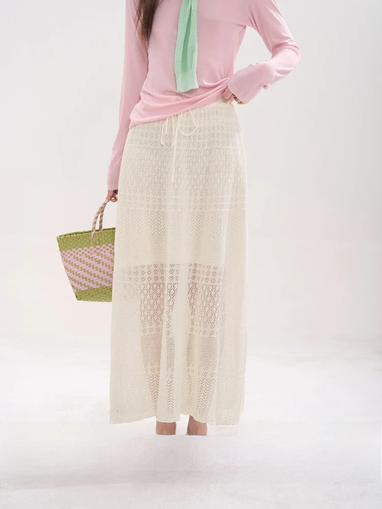 

Korean Style Knitted Hollow out Half Skirt mid Length Women's Spring Summer High Waist Straight Cut Skirt with Inner
