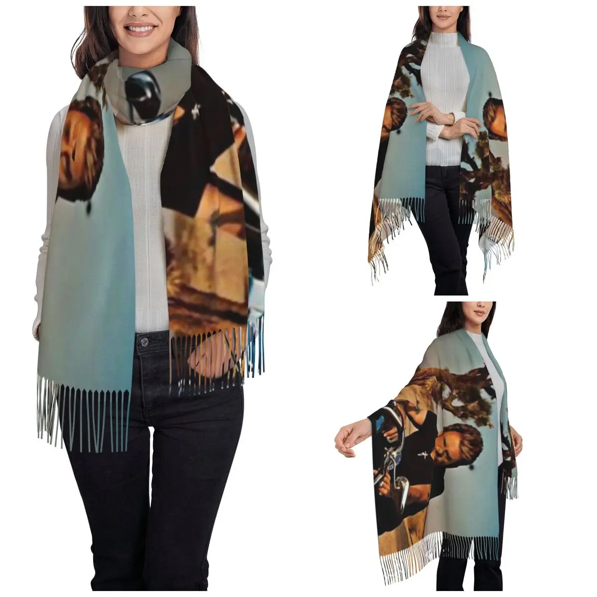 Womens Scarf with Tassel Johnny Hallyday Long Winter Warm Shawl and Wrap Rock Music French Singer Gifts Pashmina Scarves
