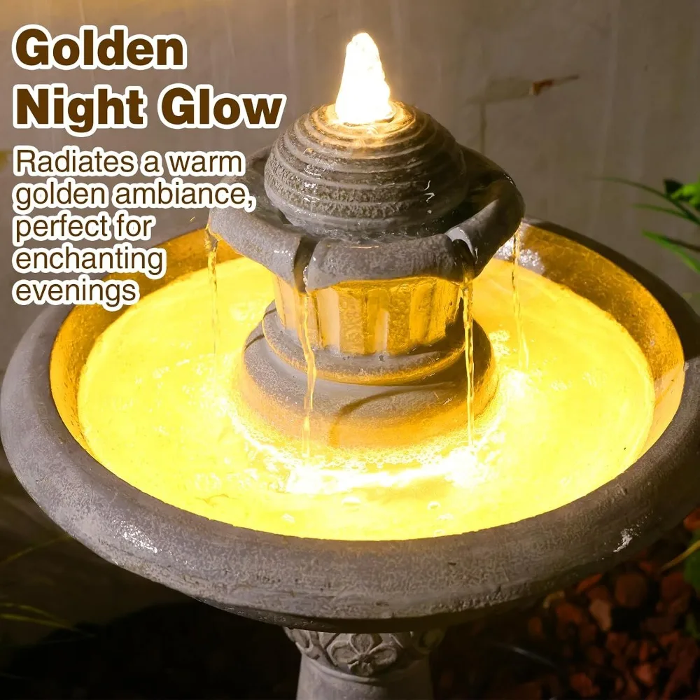 2-Tier Italian Resin Outdoor Fountain LED Lights, Cascading Waterfall, Quiet Pump