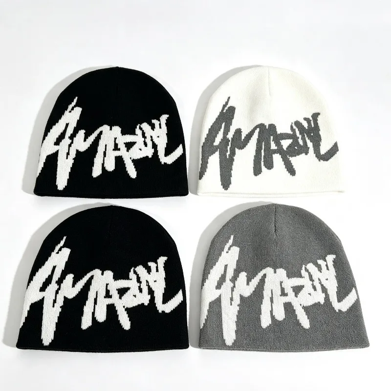 Unisex Graffiti Brush Letter Jacquard Knit Beanie Hat Hip‑Hop Street Alphabet Print Skull Cap Toque for Winter Daily Street Wear