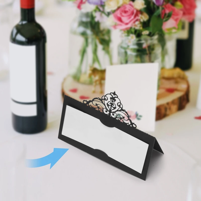 100 Pcs Table Place Cards With White Inserts Crown Tent Cards Name Cards For Wedding Banquets Buffet Bridal Black