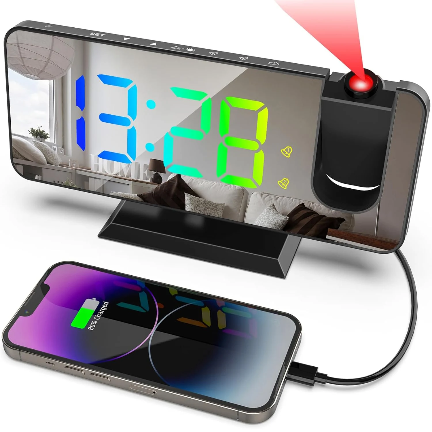 Multi-Functional Projection Alarm Clock Mirror LED Display Auto Dimming Light Snooze Dual Alarms 180° Rotatable Time Projector for Bedroom Decoration