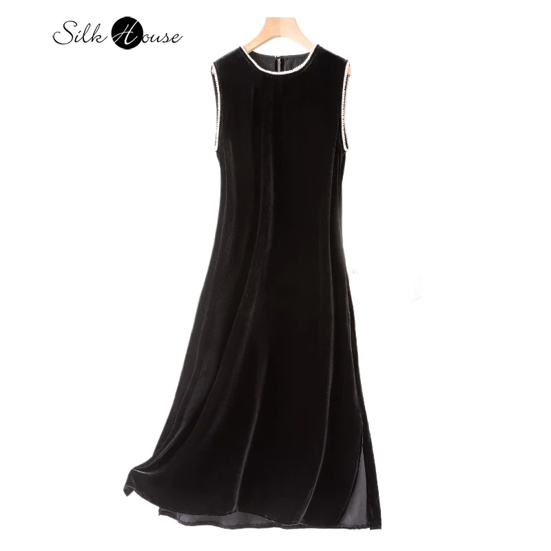 

2025 Women's Early Autumn New 30% Natural Mulberry Silk Velvet Loose Sleeveless Retro Black Party Fashion Tank Top Dress