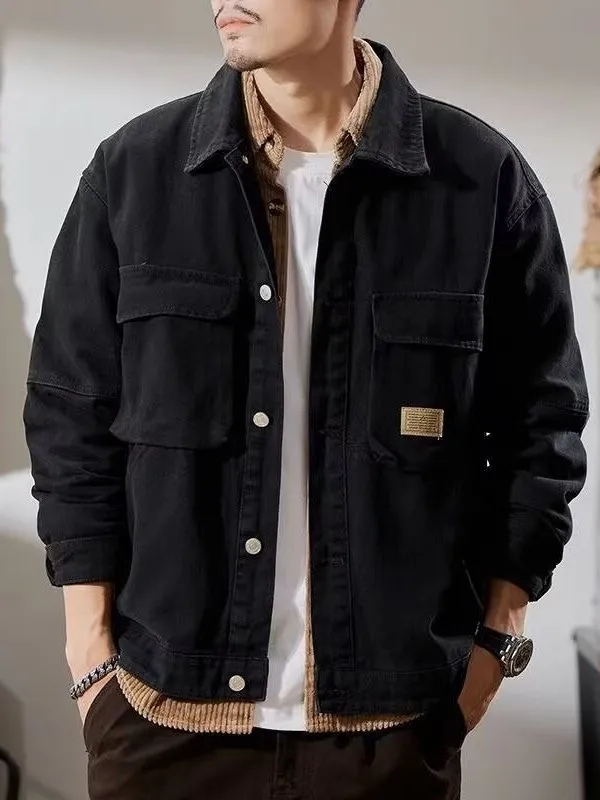 Retro American Denim Jacket Men's Loose Workwear Welding Resistant Wearable Autumn New Style Standard Fit Jeans Cloth Jacket
