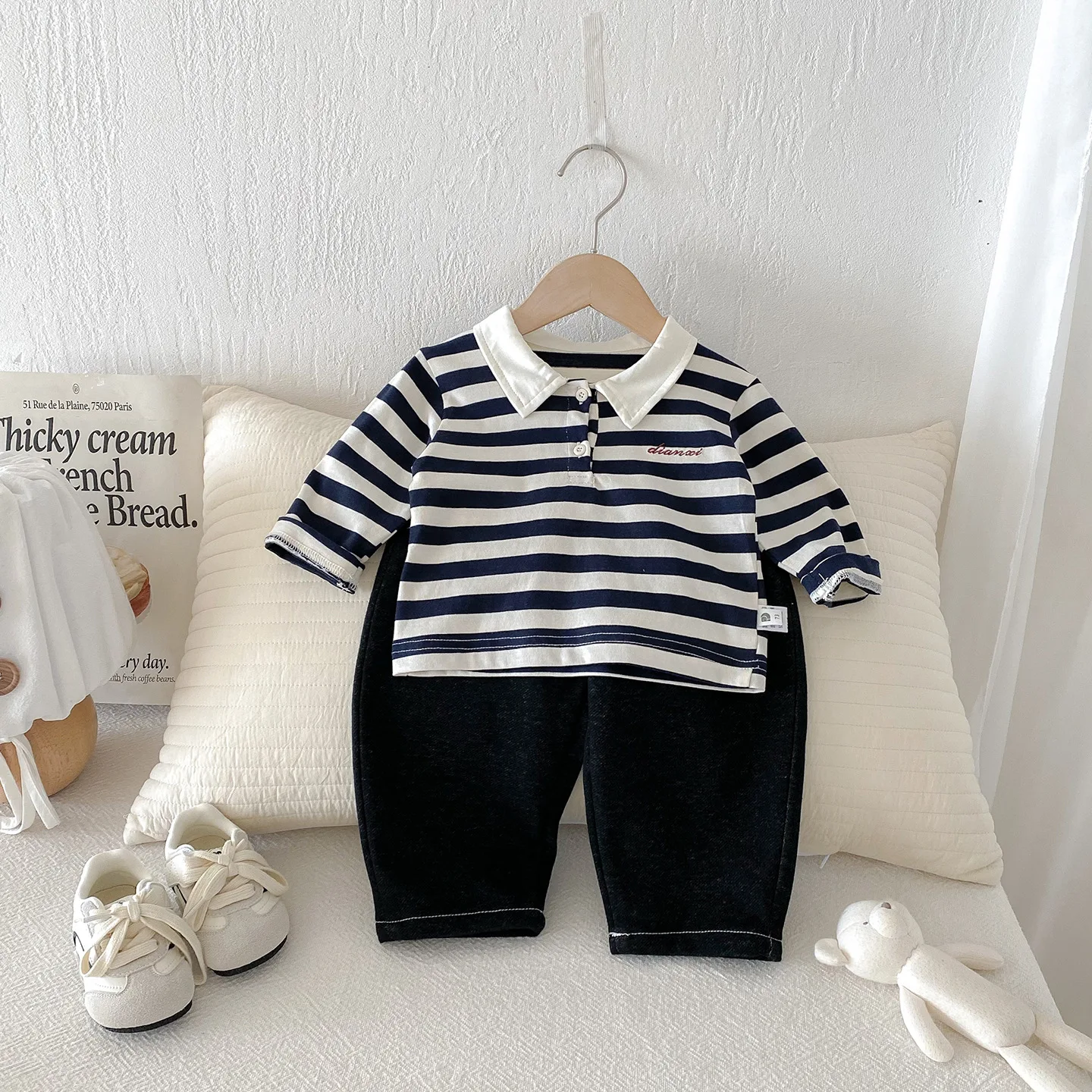 

New 2025 Autumn Boys' Striped Top Knitted Loose Pants Casual Korean Style Two Piece Set