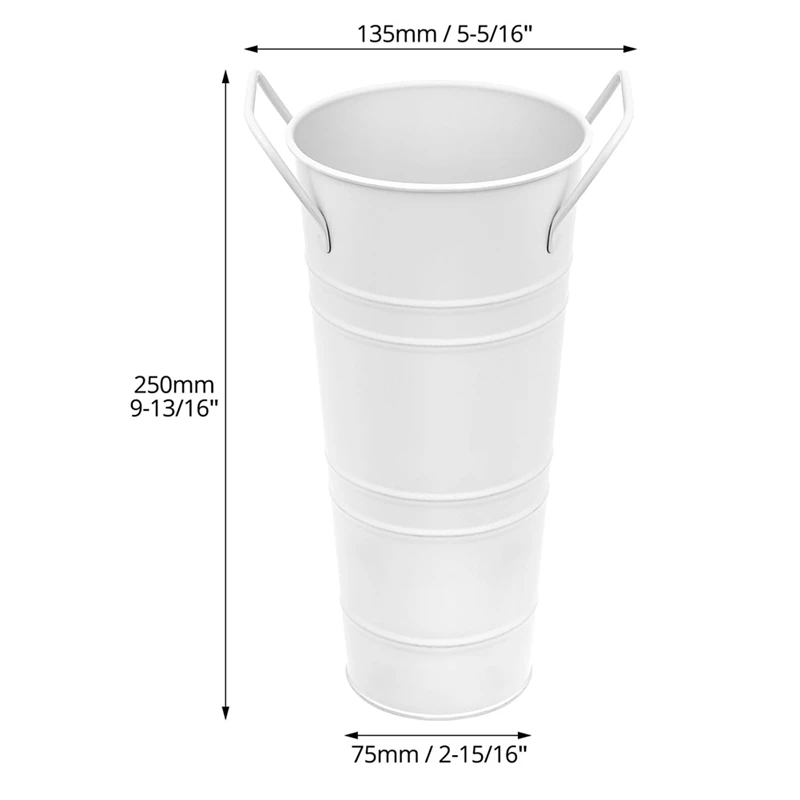 White Flower Buckets, 6 Pcs 9.8inch Tall Galvanized Metal Vases with Waterproof Coating, French Flower Bucket-ABLA