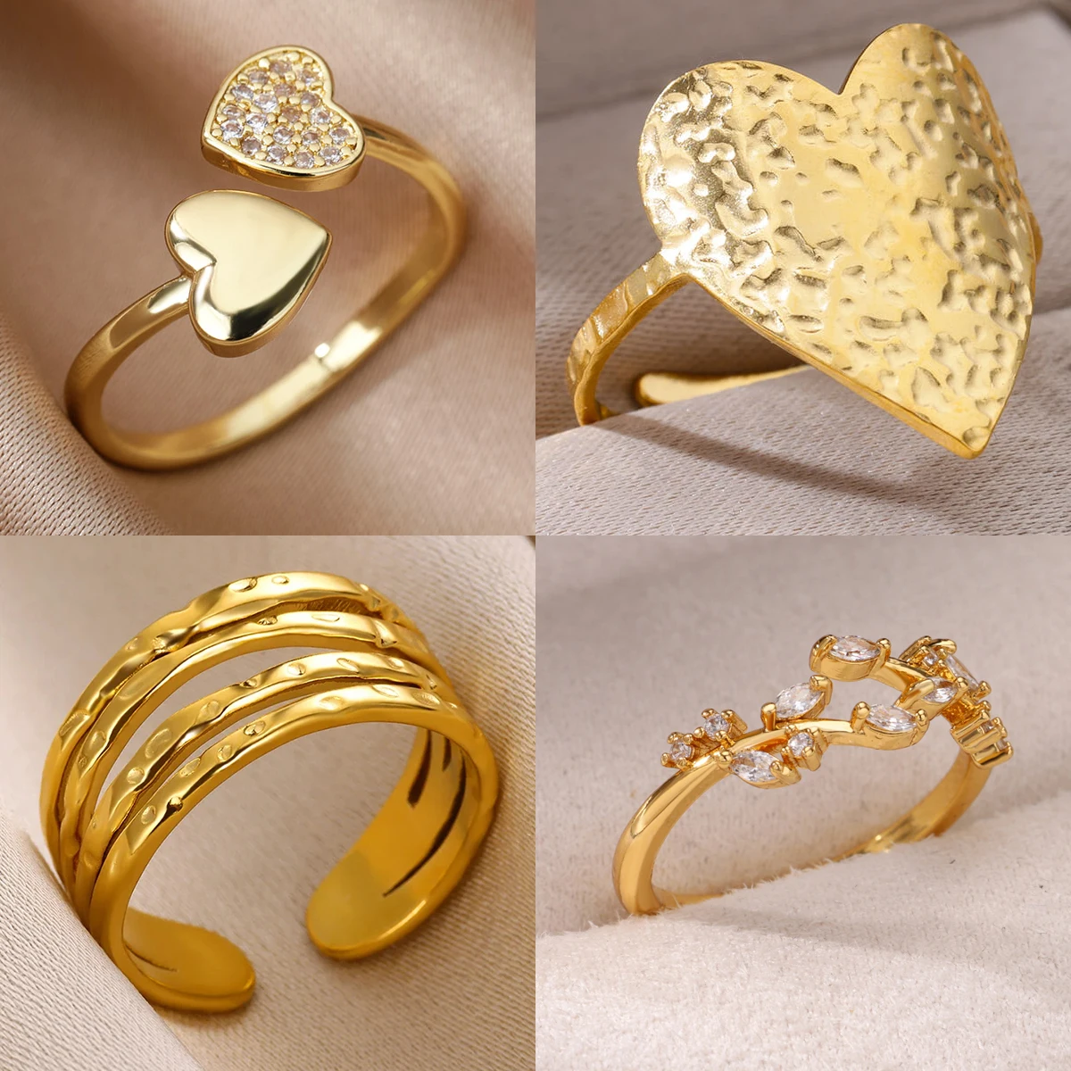 Kostenloser Versand Zirkon-Herzringe für Frauen, Edelstahl, goldfarben, geometrischer Ring, Hochzeit, wasserdicht, Modeschmuck