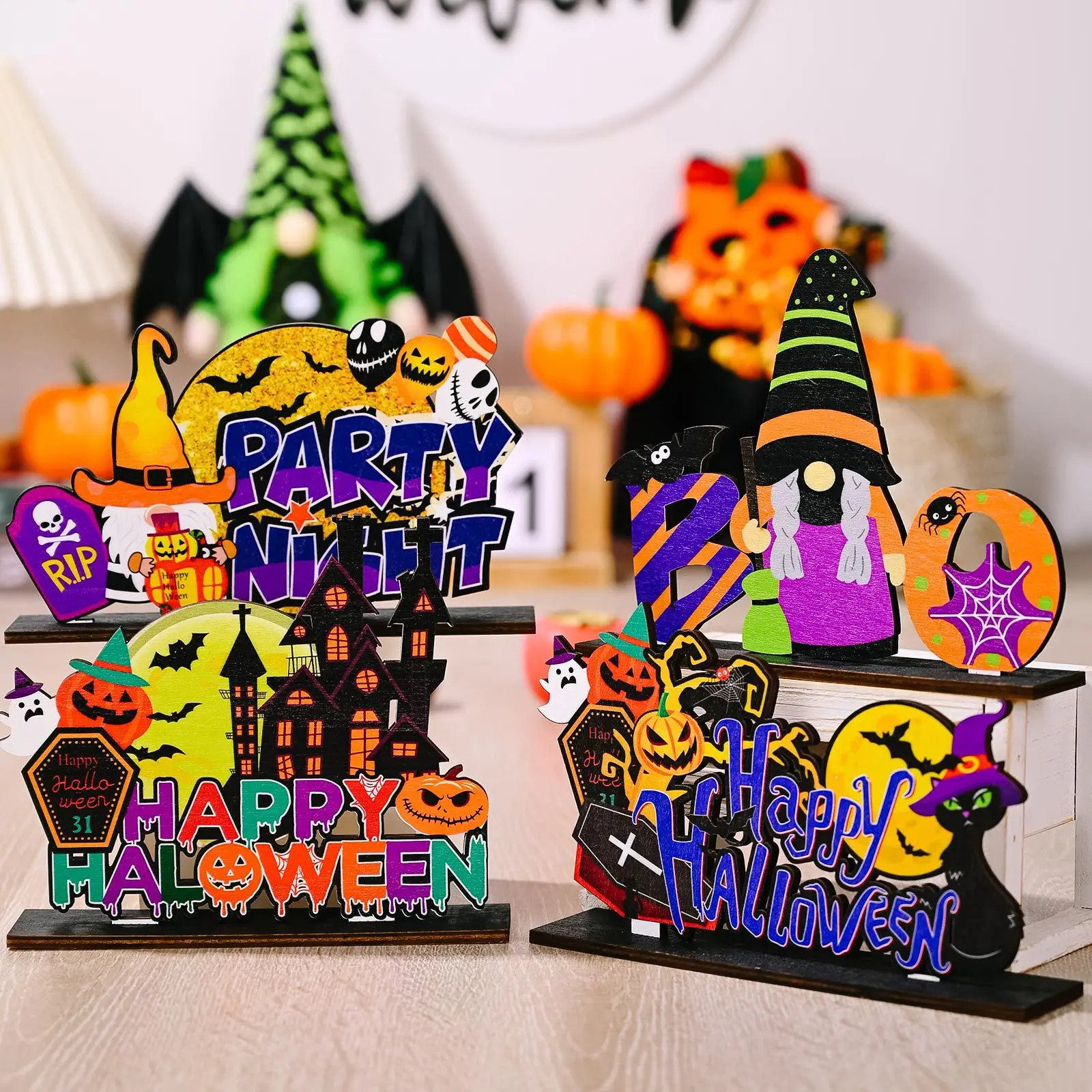

1pcs Halloween Wooden Decor Desk Ornament Party Supplies Atmosphere Prop Pumpkin Ghost Witch Decor Trick or Treat