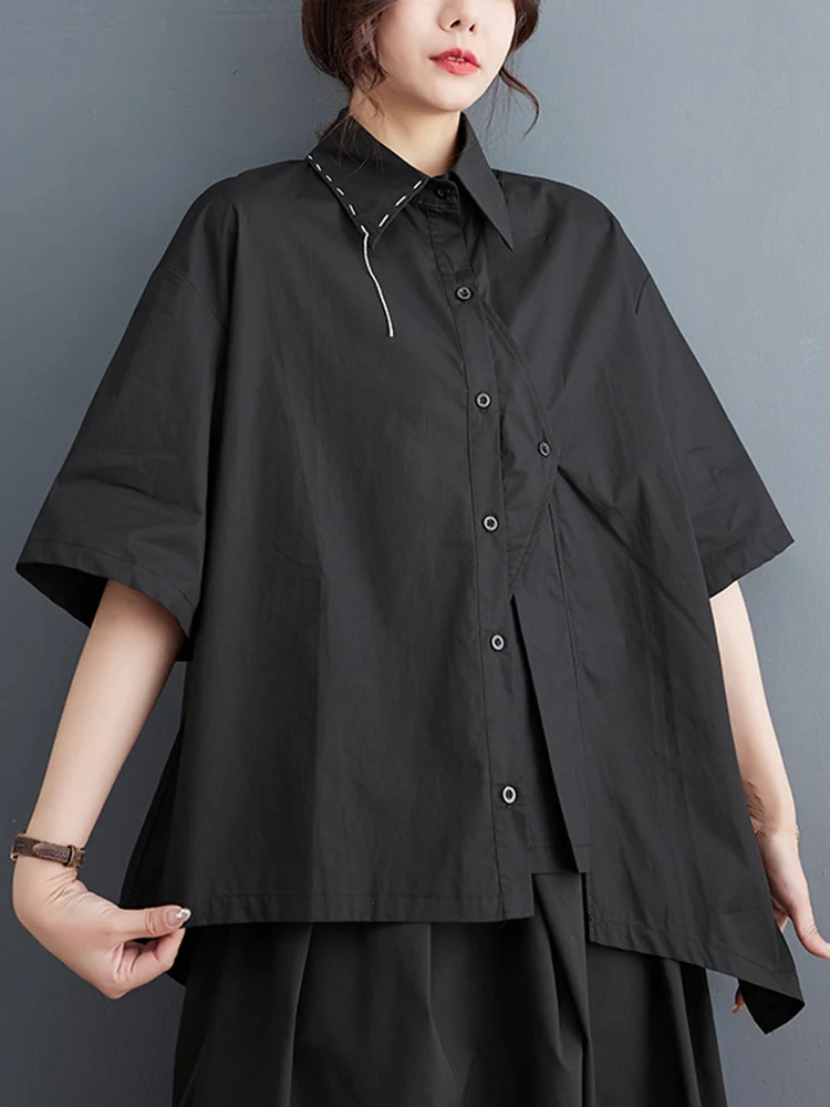 Irregular Cotton Black Vintage Oversized Shirt Women New Lapel Short Sleeve Loose Casual Blouse Top Fashion Clothes Summer 2023