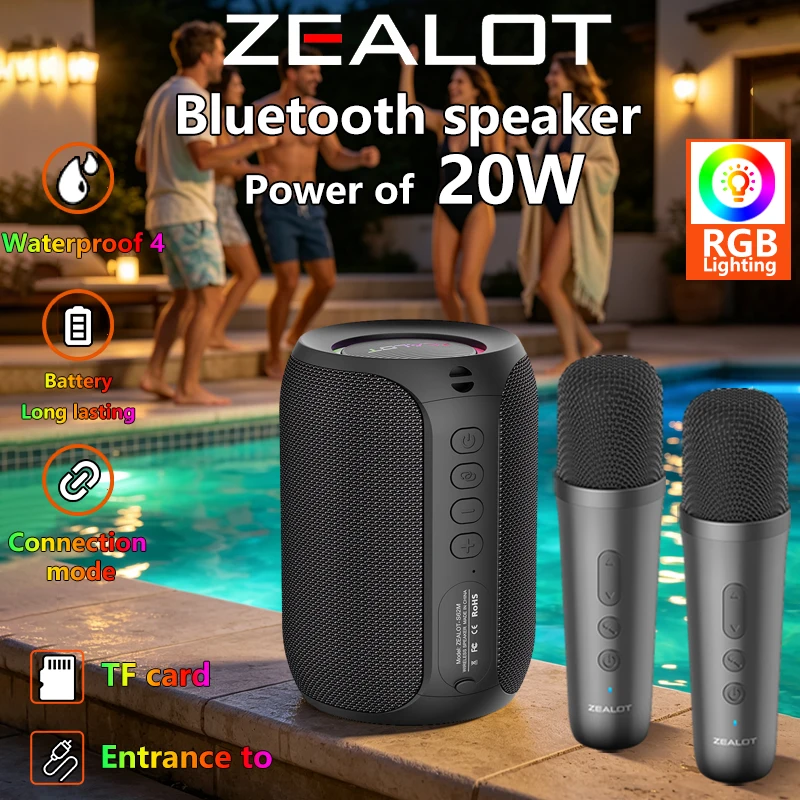 ZEALOT-S62M カラオケスピーカー、ポータブルBluetoothスピーカー、ワイヤレスマイク2本付属、ホームパーティーに最適