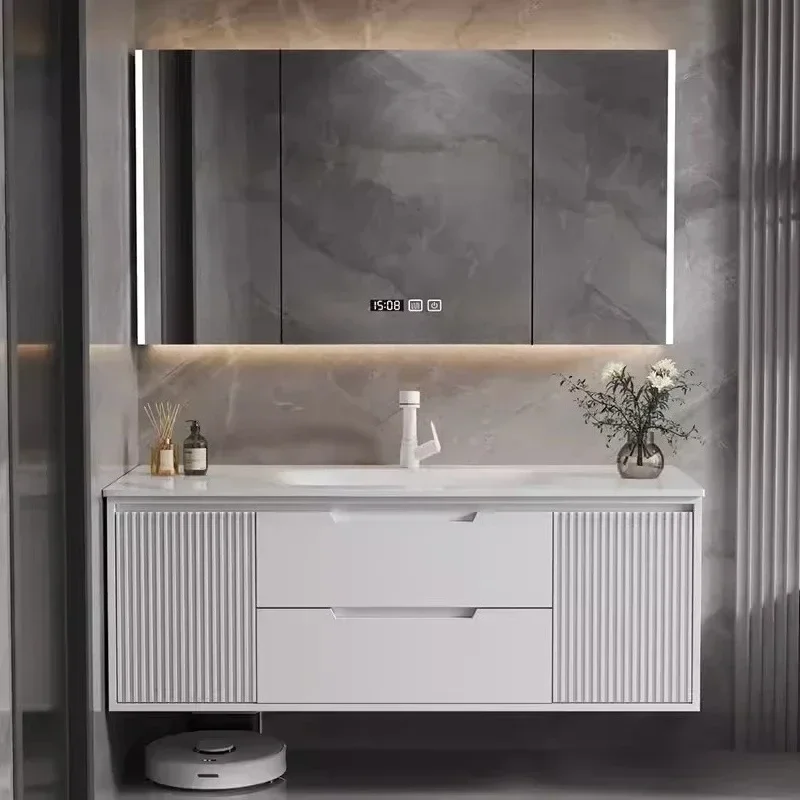 

X Hot Bend Stone Plate Whole Washbin Bathroom Light Luxury Smart Bathroom Cabinet Oak Washstand