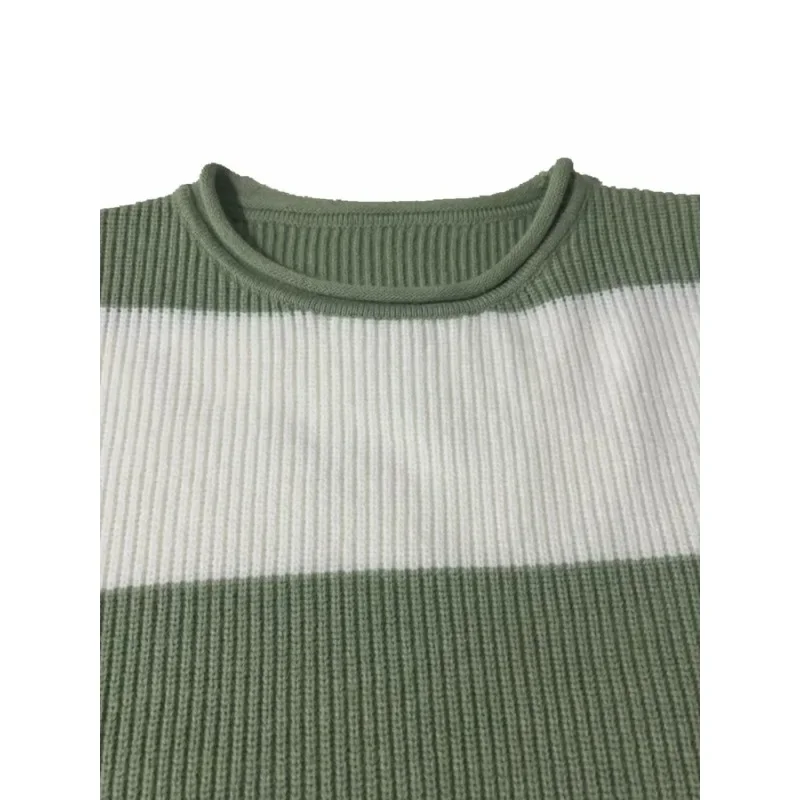 Suéter de retazos informal a rayas con cuello redondo a la moda para otoño e invierno de talla grande 1XL-5XL para mujer