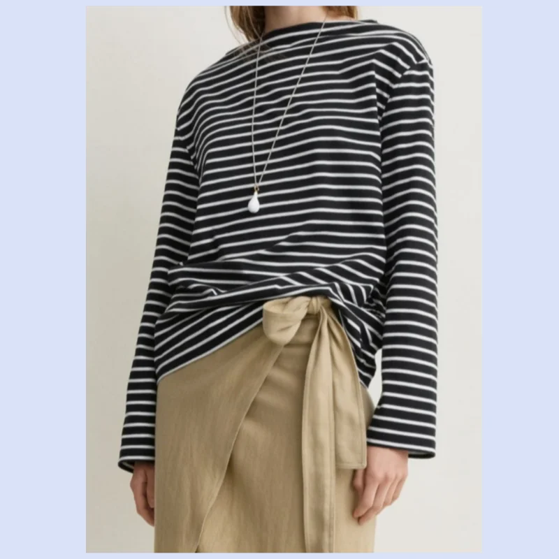 26 year early autumn women's new loose cotton boat collar striped versatile base long sleeved T-shirt top