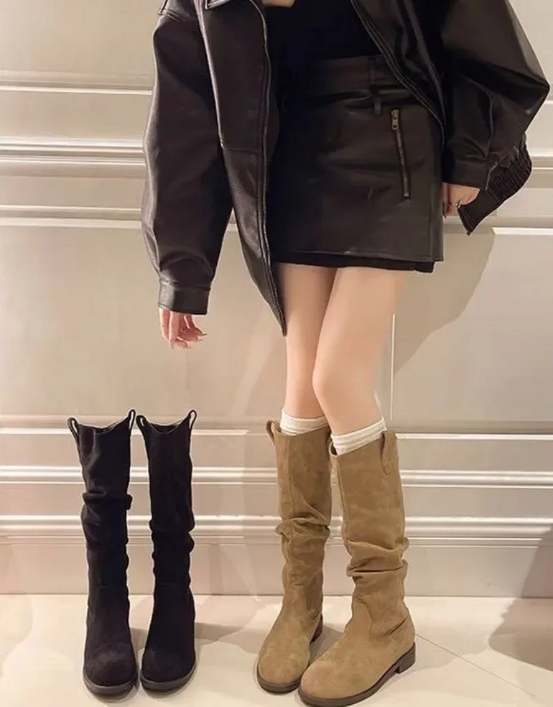 Women Vintage Slouchy Knee High Boots Faux Suede Low Block Heel Pull On Non Slip Western Casual Daily Autumn Winter Footwear