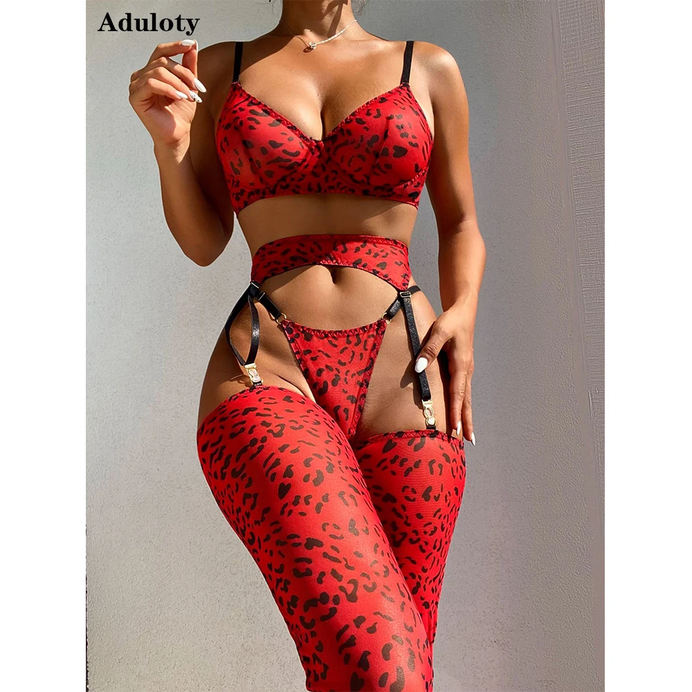 

Aduloty New Women's Red Leopard Print Sexy Lingerie Set Thin Lace Bra Garter Belt Thong Stockings Temptation Erotic Underwear