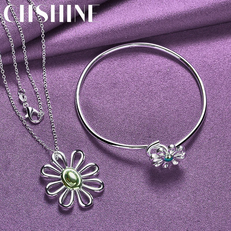 

CHSHINE 925 Sterling Silver Flower Pendant Necklace Bracelet Bangle For Women Men Fashion Exquisite Jewelry Set Gift