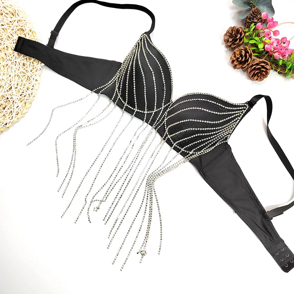 Personalizado feminino adulto strass borla suspender bela volta sem alças boate estilo de palco puro desejo sexy sutiã traje