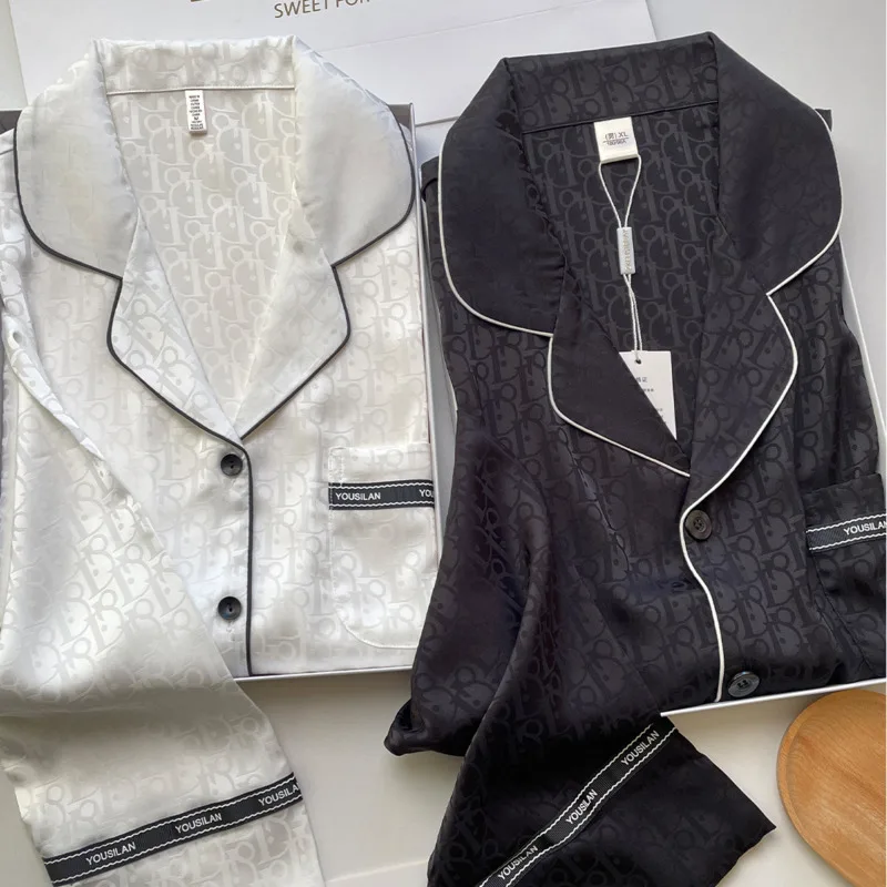 

2025 Summer Autumn Black White Jacquard Ice Silk Pajamas 2 Piece Set Couple Women High-end Nightgown Sleepwear Long Sleeve Pants