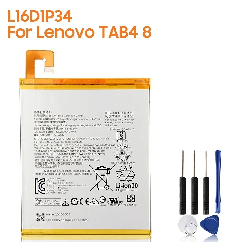 Replacement Battery L16D1P34 For Lenovo TAB4 8 TB-8504N/F Tablet PC TAB4 8 Plus Rechargeable Battery 4850mAh