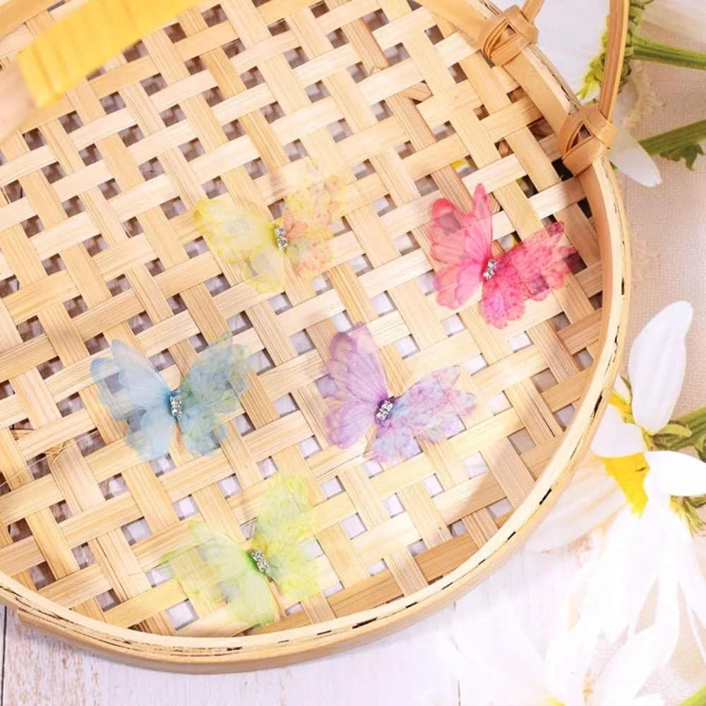 50Pcs 3D Organza Fabric Butterfly Appliques Colorful Double-layer Simulation Mesh Butterfly Patch Translucent