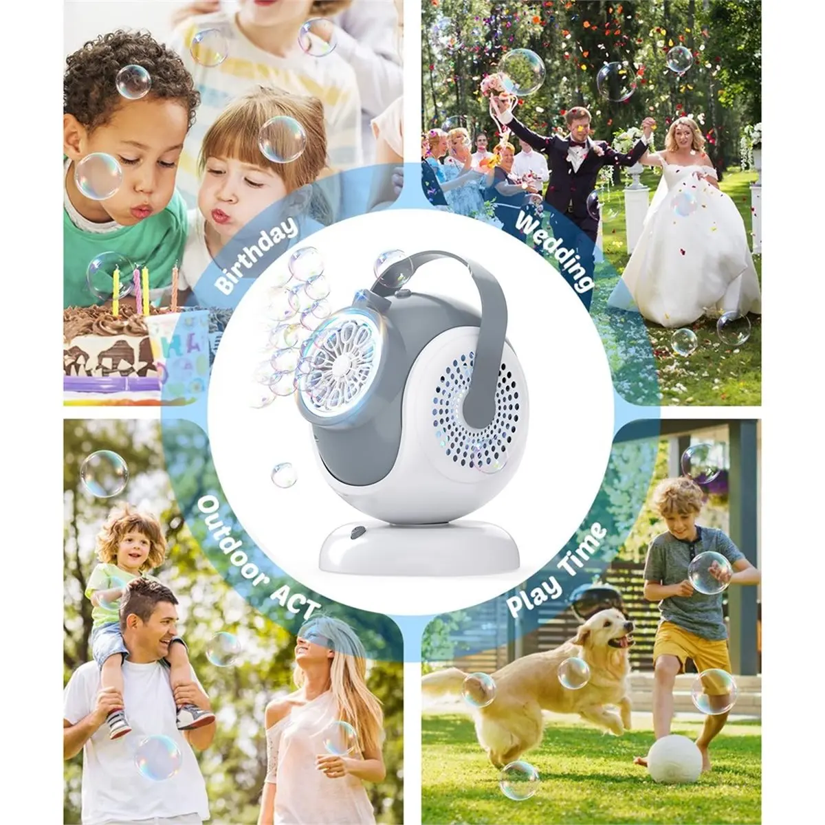 FUA@ Bubble Machine - Auto 360° Rotation, 75° Tilt Range, Bubbles Blower Maker for Kids, Wedding, Birthday, Parties, Gifts